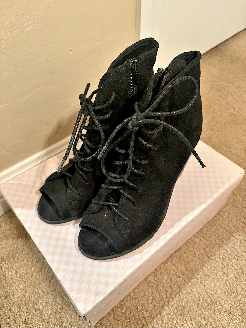 Black Lace-Up Peep-Toe Heels